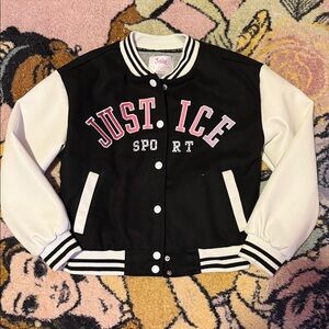Justice Black and White Varsity Jacket with Pink Accents